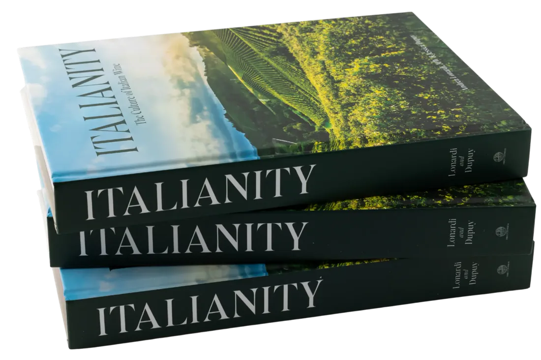 Three copies of Italianity stacked flat, their dark green spines printed with the title and the names Lonardi and Dupuy.