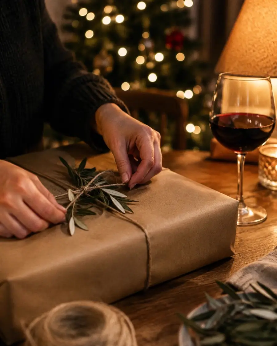 Hands tying twine and an olive sprig around a gift wrapped in brown paper, next to a glass of red wine and soft holiday lights.