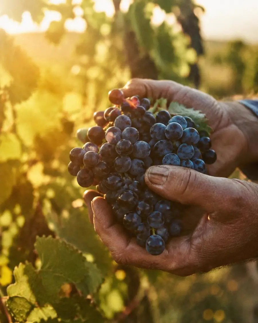 Weathered hands holding a bunch of dark grapes in a vineyard at golden hour.