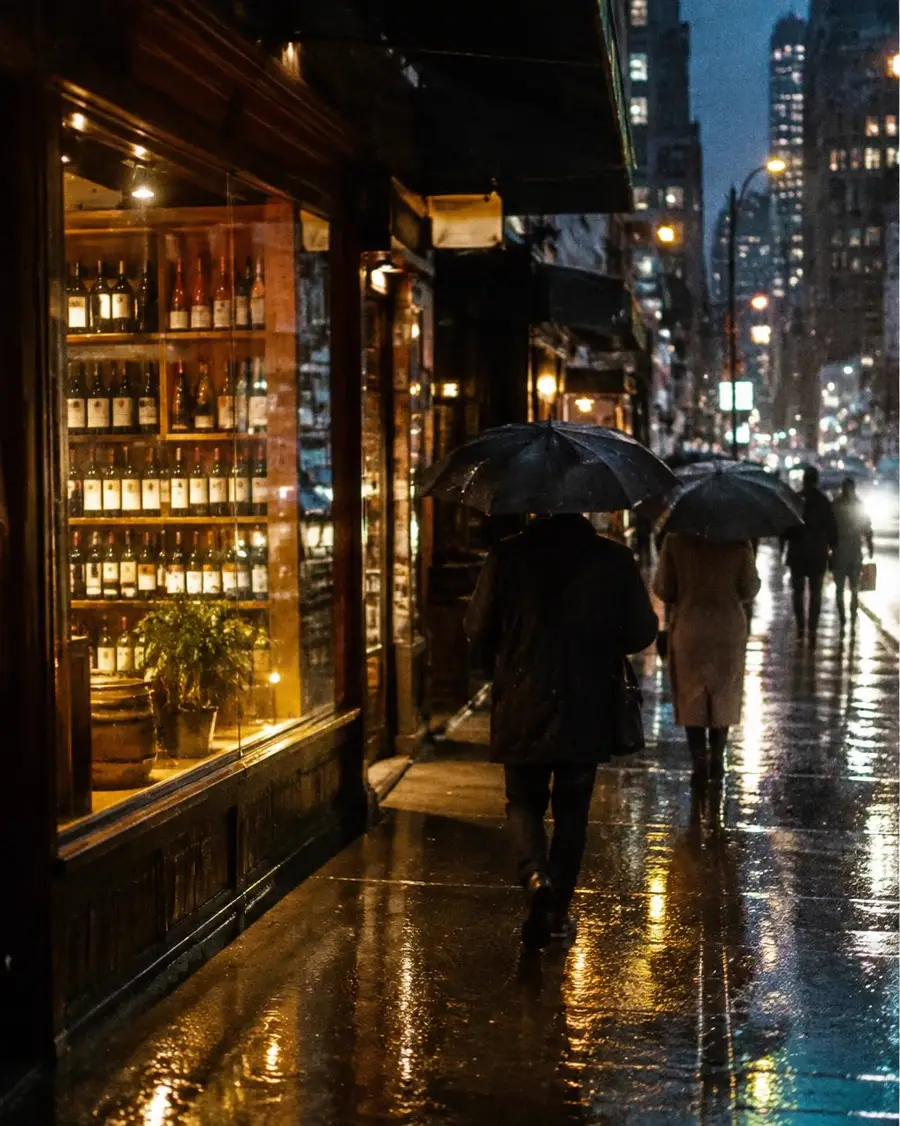 A rainy Manhattan sidewalk at night beside a glowing wine shop window.