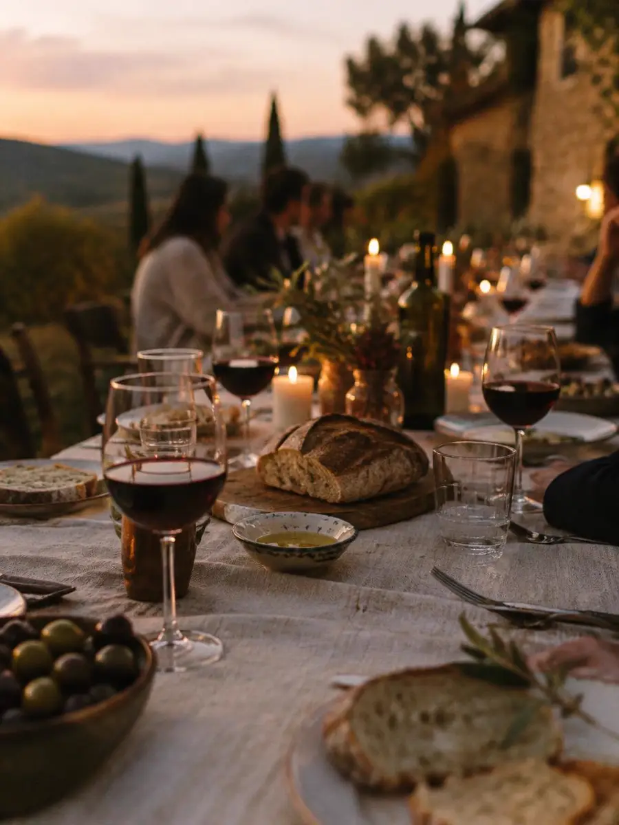 A long candlelit dinner table outdoors at dusk, with red wine, bread and olive oil, and guests softly blurred behind.