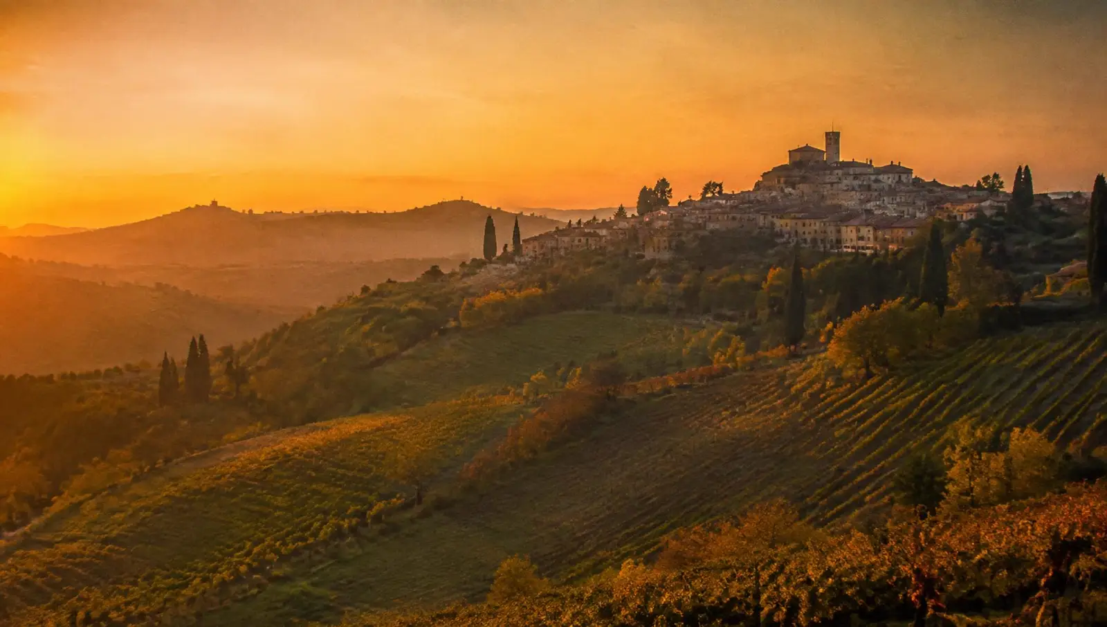 A hilltop Italian village above vineyards and cypress trees at sunset.